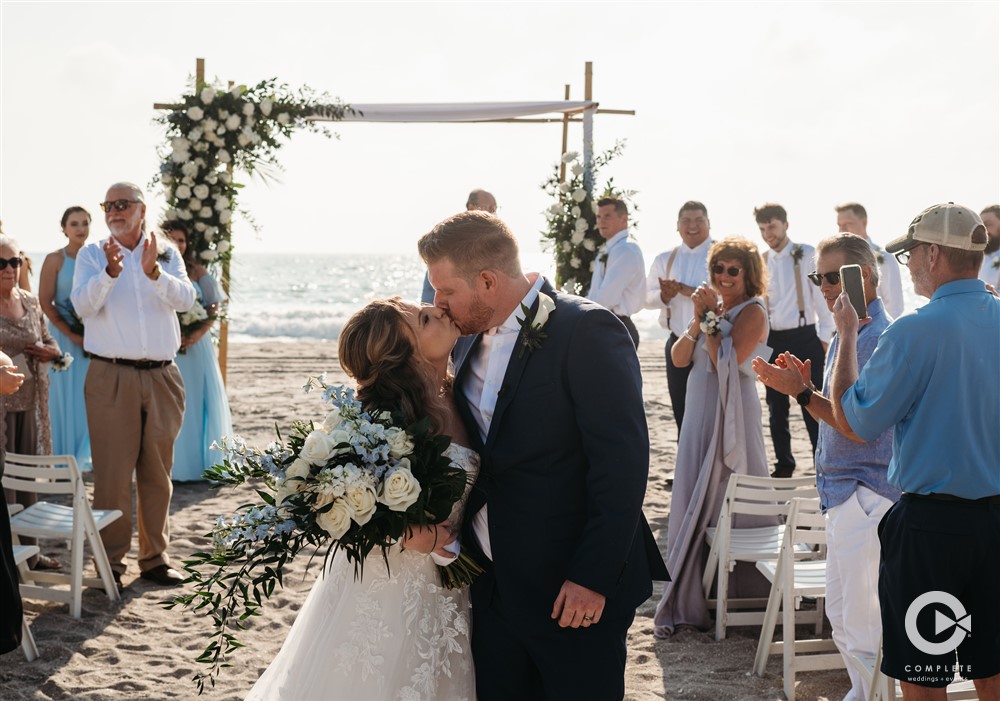 Captiva Island, Florida beach wedding ceremony kiss.