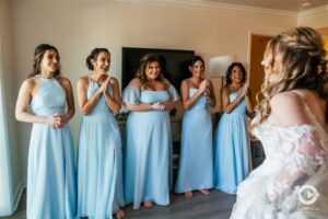 Captiva Island wedding first look with bridesmaids.